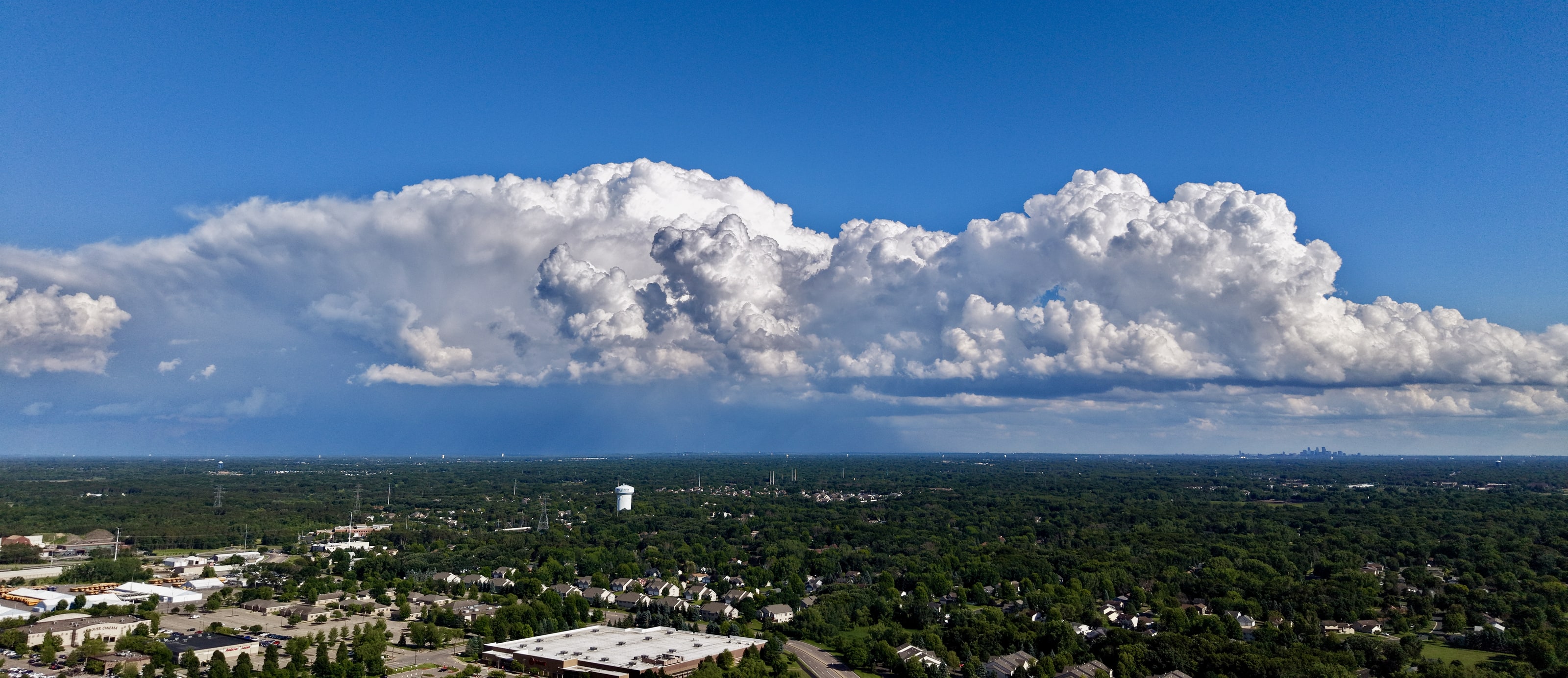 Wide aerial panorama across a northern Minnesota landscape